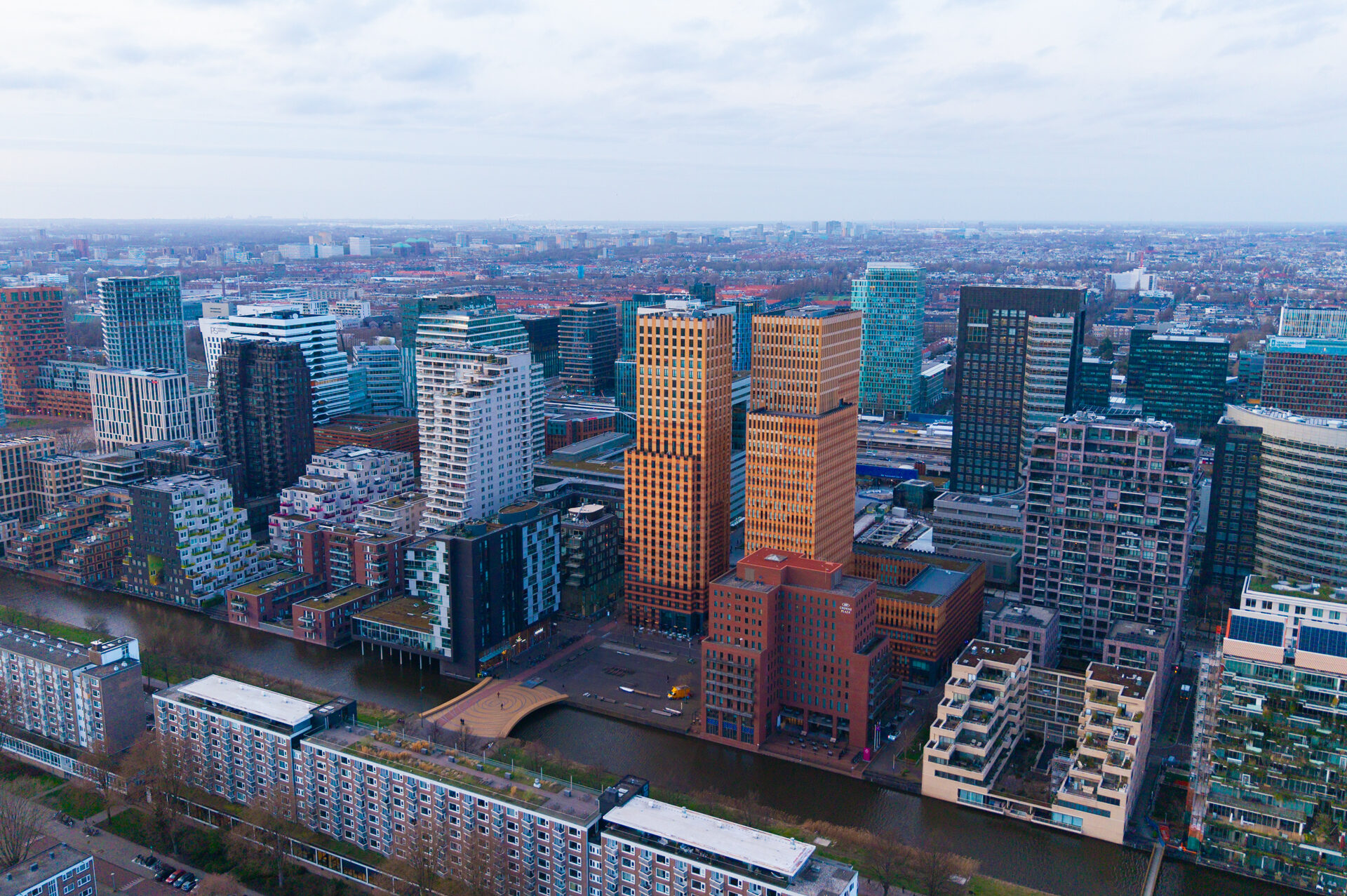 Professional drone in flight over Amsterdam